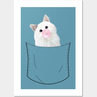 Peeking Pocket Pet - Cute White Kitty Cat Posters and Art